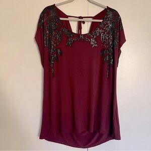 Lane Bryant Burgundy Blouse with Black Sequin Detail and Tie Neckline size 14/16